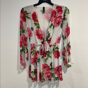 Wish Floral V-Neck Mini Dress Sheer Long Sleeve Pink & White Mini Dress Small